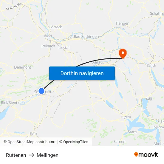 Rüttenen to Mellingen map
