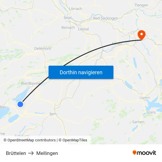 Brüttelen to Mellingen map