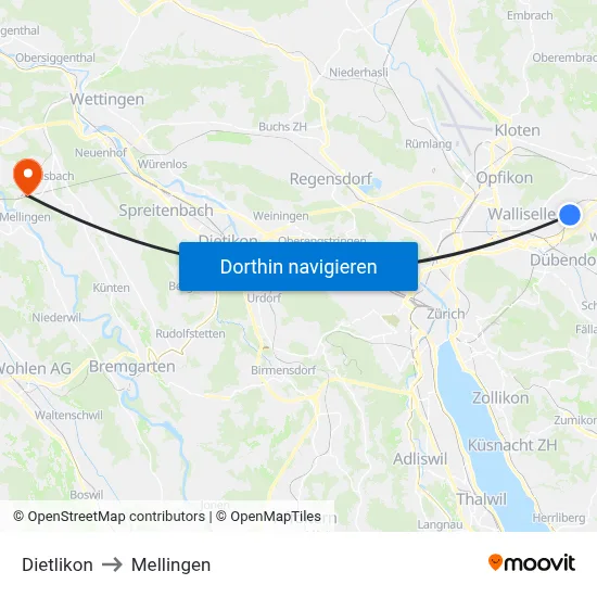 Dietlikon to Mellingen map