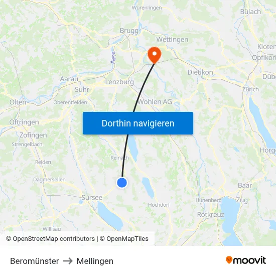 Beromünster to Mellingen map