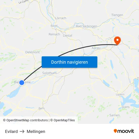 Evilard to Mellingen map