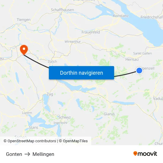 Gonten to Mellingen map
