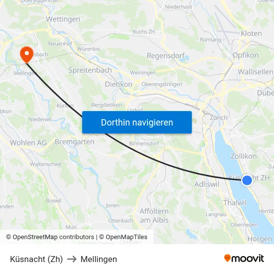 Küsnacht (Zh) to Mellingen map