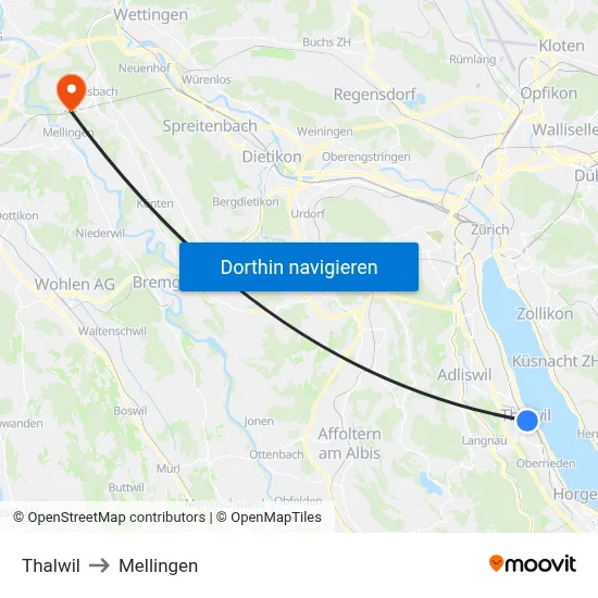 Thalwil to Mellingen map
