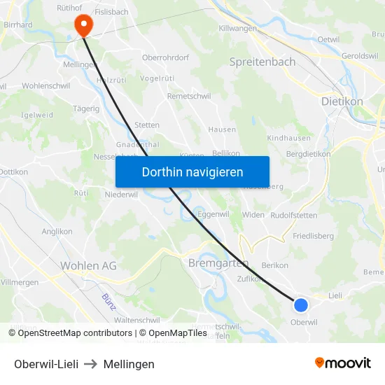 Oberwil-Lieli to Mellingen map