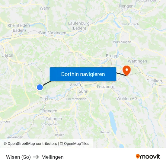Wisen (So) to Mellingen map