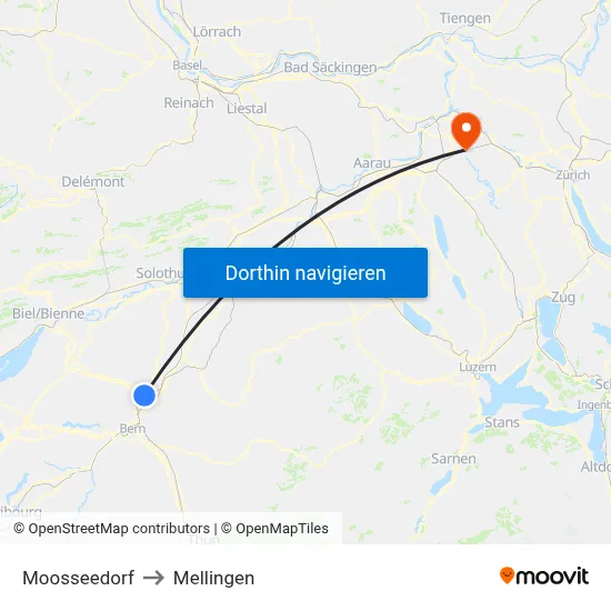 Moosseedorf to Mellingen map