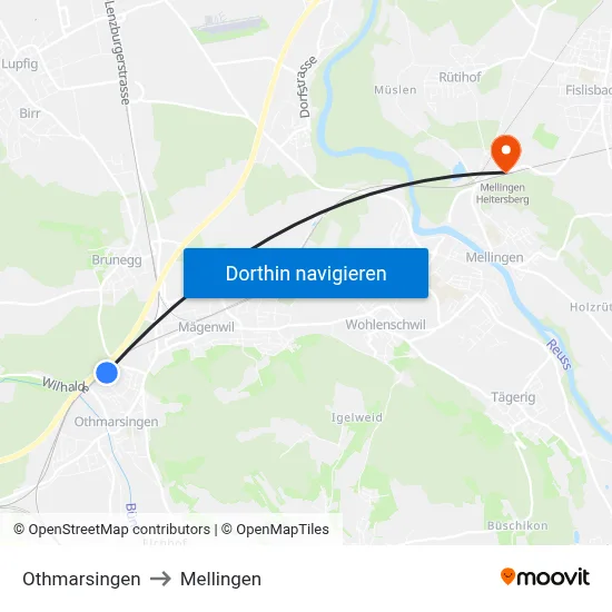 Othmarsingen to Mellingen map