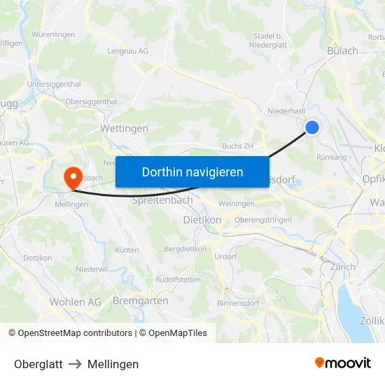 Oberglatt to Mellingen map