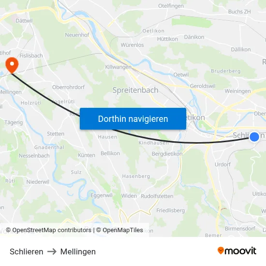 Schlieren to Mellingen map
