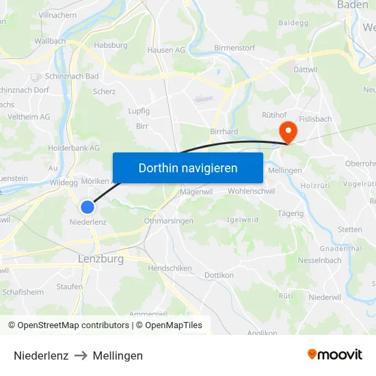 Niederlenz to Mellingen map