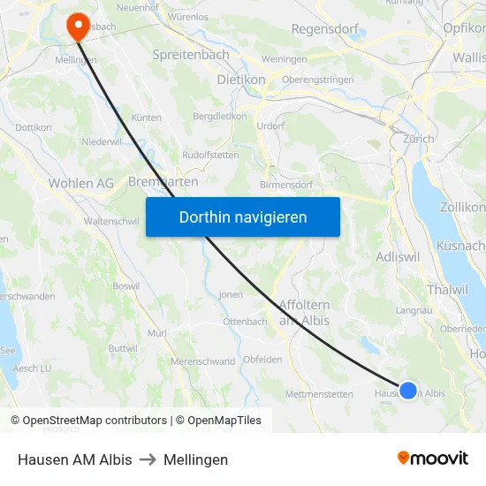 Hausen AM Albis to Mellingen map