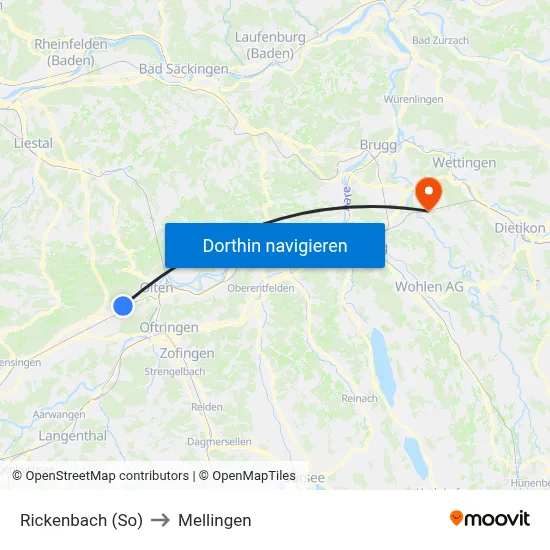 Rickenbach (So) to Mellingen map