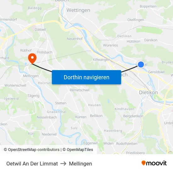Oetwil An Der Limmat to Mellingen map