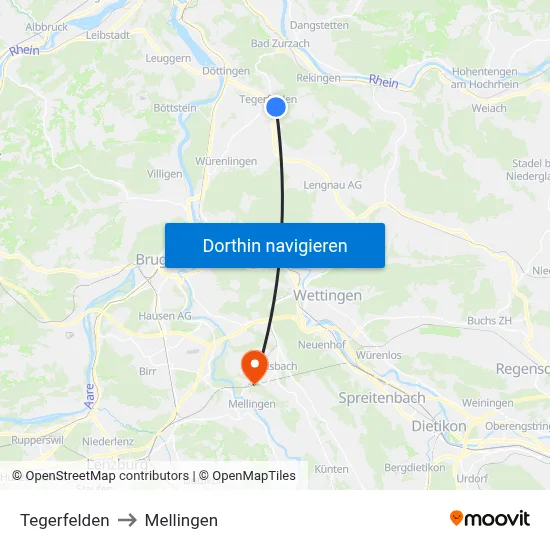 Tegerfelden to Mellingen map