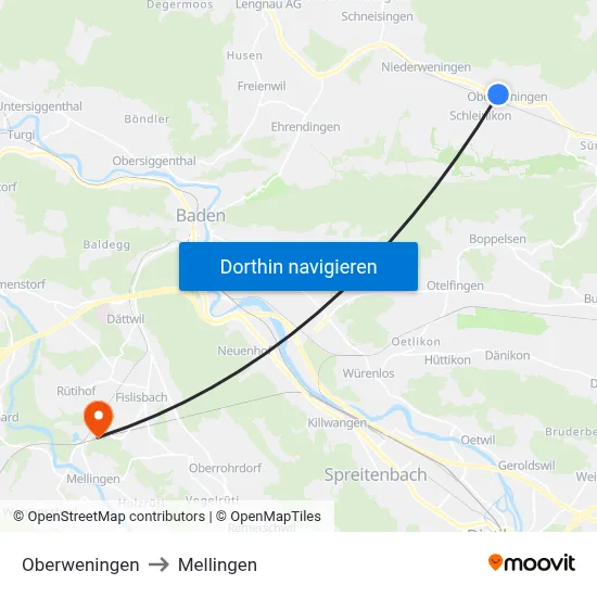 Oberweningen to Mellingen map