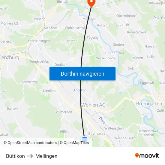 Büttikon to Mellingen map