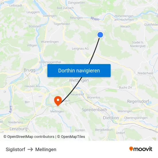 Siglistorf to Mellingen map