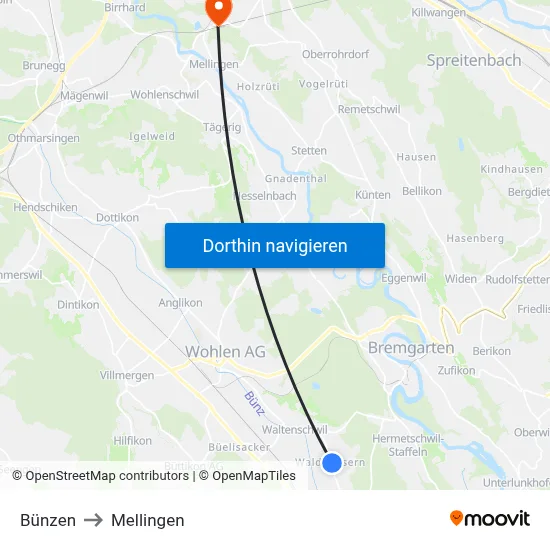 Bünzen to Mellingen map