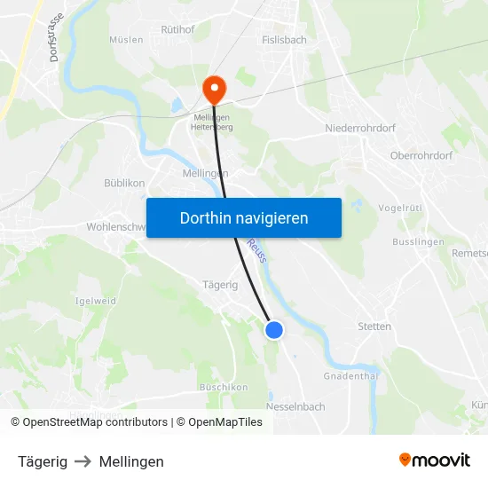 Tägerig to Mellingen map