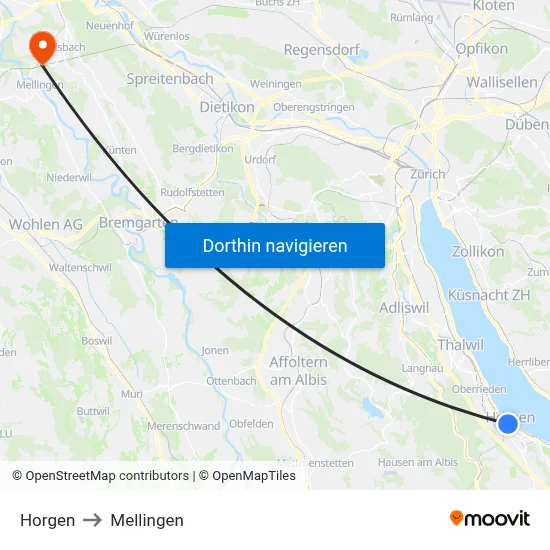 Horgen to Mellingen map