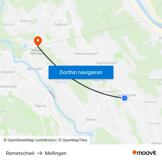Remetschwil to Mellingen map