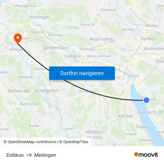 Zollikon to Mellingen map