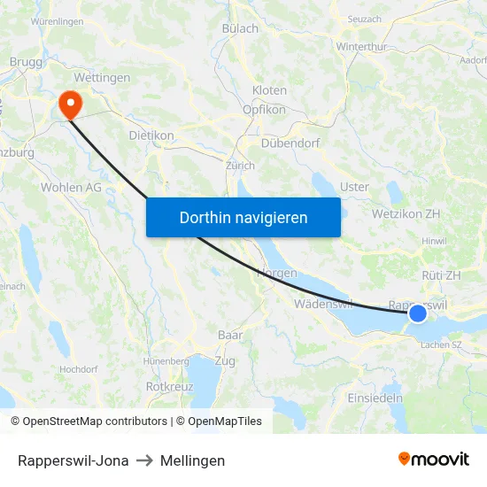 Rapperswil-Jona to Mellingen map