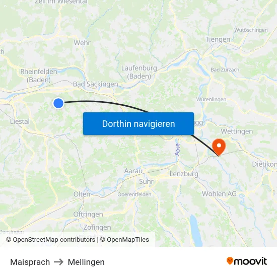 Maisprach to Mellingen map