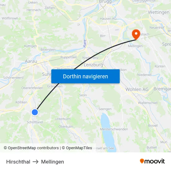 Hirschthal to Mellingen map
