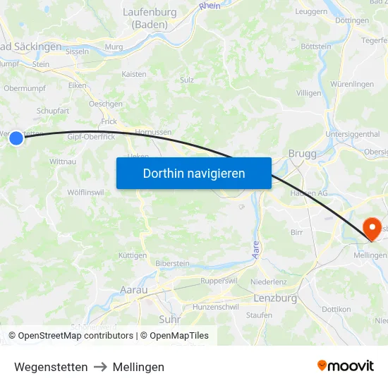 Wegenstetten to Mellingen map
