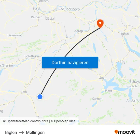 Biglen to Mellingen map