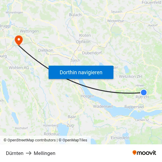 Dürnten to Mellingen map
