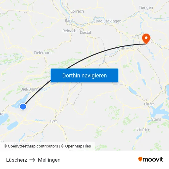 Lüscherz to Mellingen map