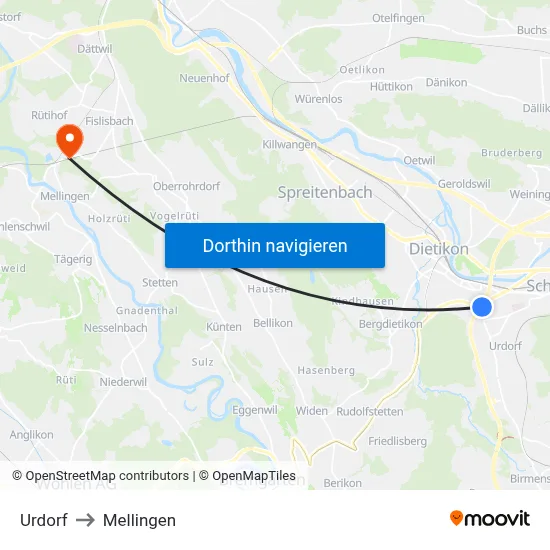 Urdorf to Mellingen map