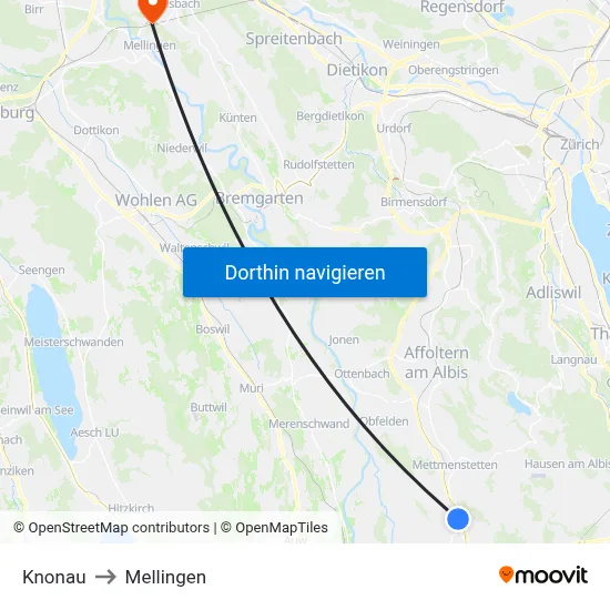 Knonau to Mellingen map