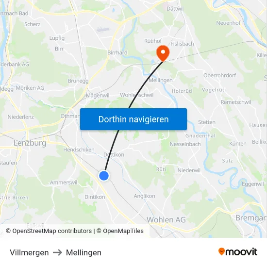Villmergen to Mellingen map