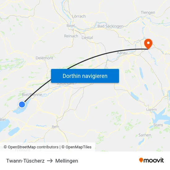 Twann-Tüscherz to Mellingen map