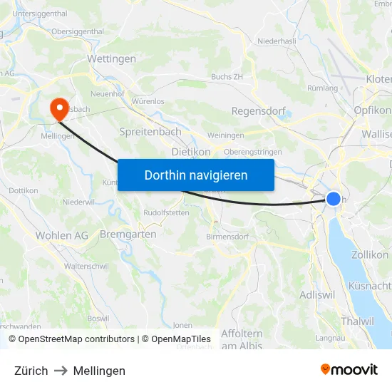 Zürich to Mellingen map