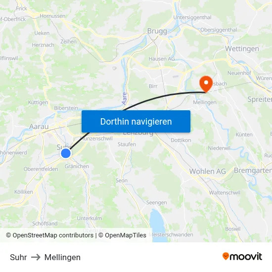 Suhr to Mellingen map
