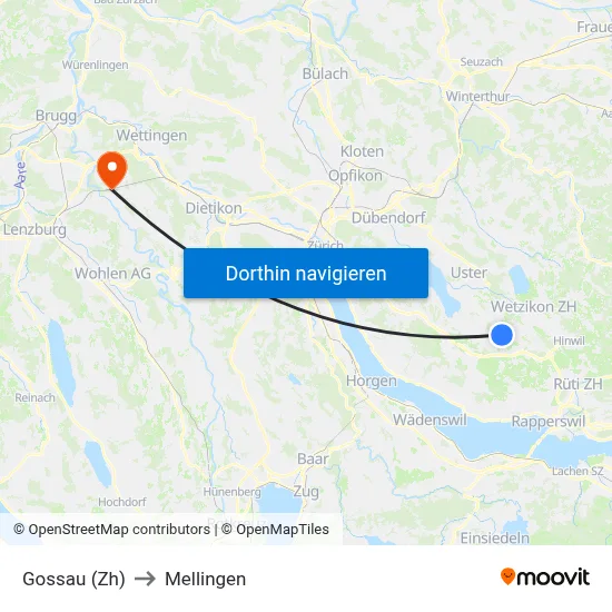 Gossau (Zh) to Mellingen map
