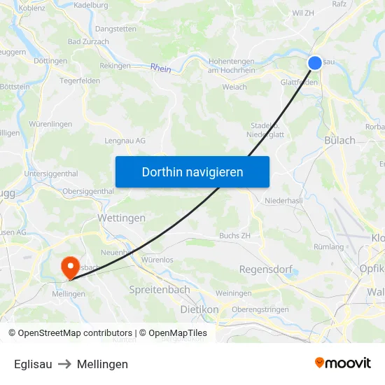 Eglisau to Mellingen map