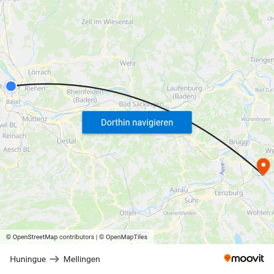 Huningue to Mellingen map