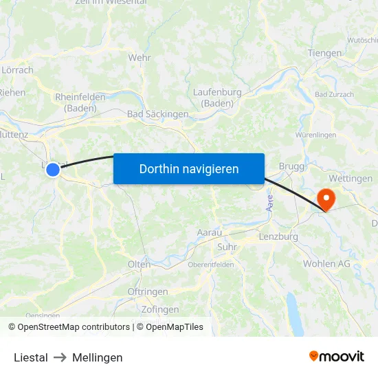 Liestal to Mellingen map