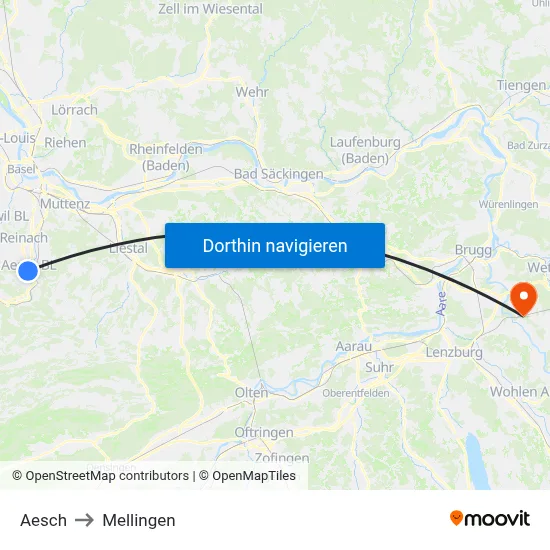Aesch to Mellingen map