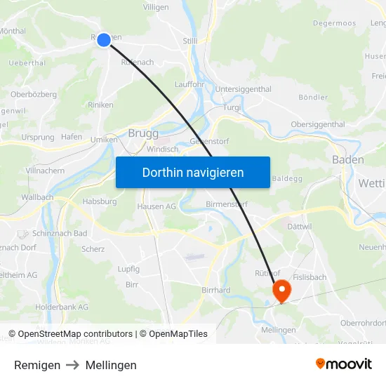 Remigen to Mellingen map