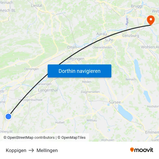 Koppigen to Mellingen map