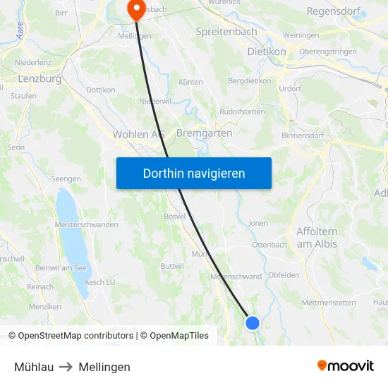 Mühlau to Mellingen map