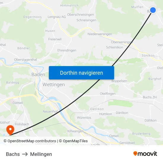 Bachs to Mellingen map