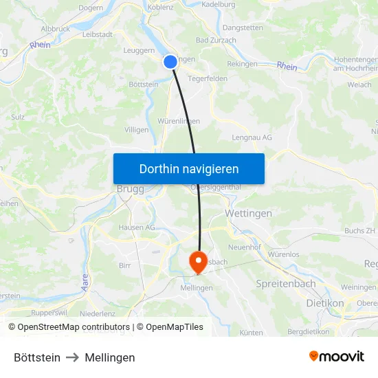 Böttstein to Mellingen map